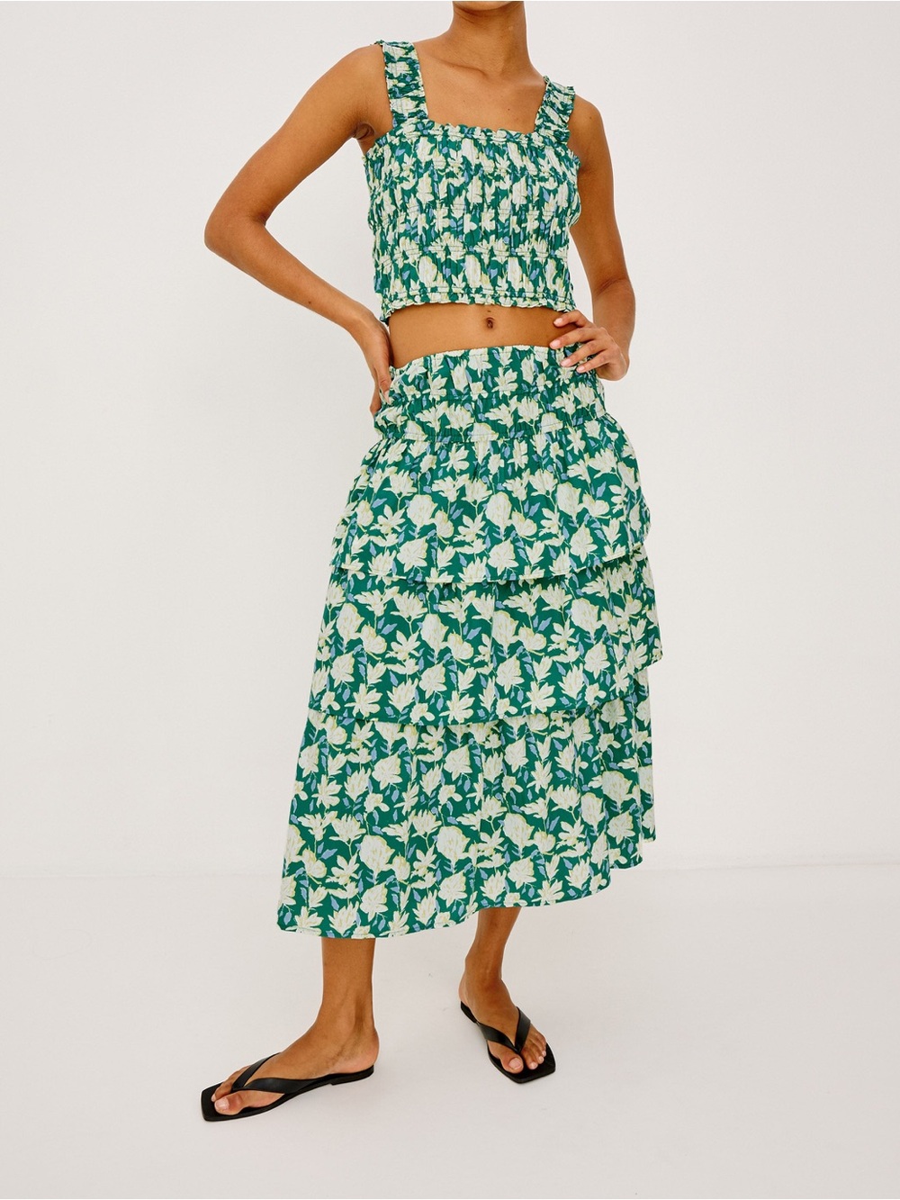 Rails Belle Green and Cream Floral Tiered Maxi Skirt